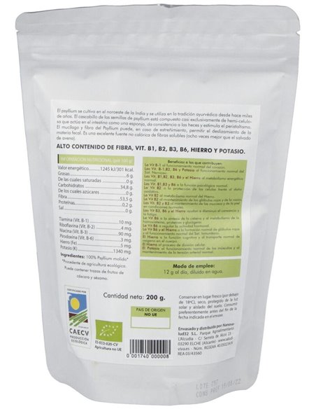 Psyllium Cascara 200Gr. Bio Sg S/A Vegan de Salud Viva