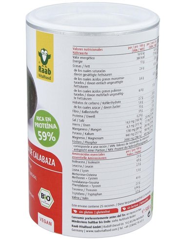 Proteína Pipa de calabaza polvo bio, bote 500g de Raab Vitalfood