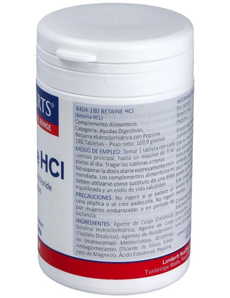 Betaína HCl 324 mg y Pepsina 5 mg de Lamberts