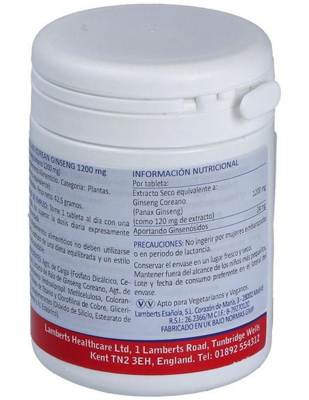 Ginseng Coreano 1200 mg 60 Tabs. de Lamberts