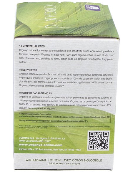 Compresas noche c/alas (bolsa ind) 100% algodón orgánico, 10ud de Organyc