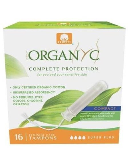 Tampón con aplicador compacto super plus, 100% algodón orgánico, 16ud de Organyc