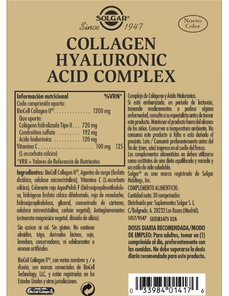 Ácido Hialurónico Complex con Colágeno  30 comprimidos Solgar