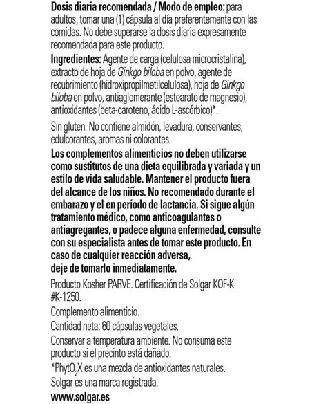 Ginkgo Biloba-Hoja-60Vegicaps de Solgar