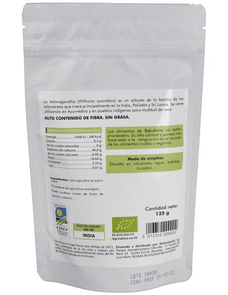 Ashwagandha En Polvo 125Gr. Bio Sg S/A Vegan de Salud Viva