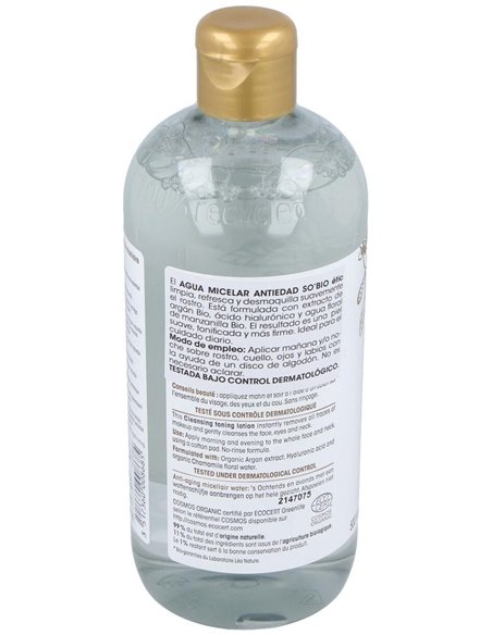 Agua Micelar Antiedad Hialuronico-Argan 500Ml. Bio de So´Bio Etic