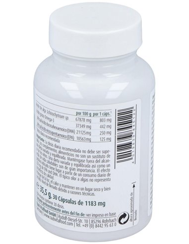 Aceite de alga Omega 3 vegetal, cápsulas 1183 mg, bote 30ud de Raab Vitalfood