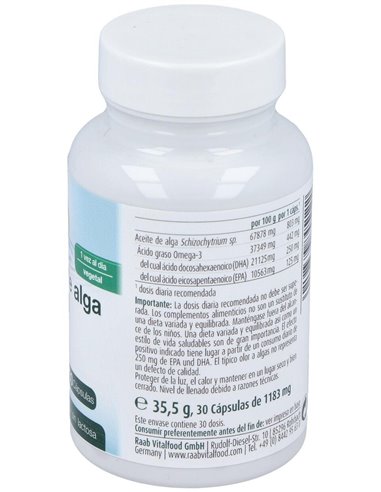 Aceite de alga Omega 3 vegetal, cápsulas 1183 mg, bote 30ud de Raab Vitalfood
