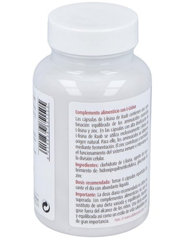 L-Lisina con zinc cápsulas 480mg, bote 100 und. de Raab Vitalfood