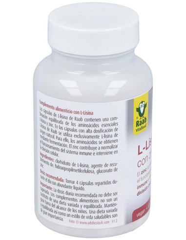L-Lisina con zinc cápsulas 480mg, bote 100 und. de Raab Vitalfood