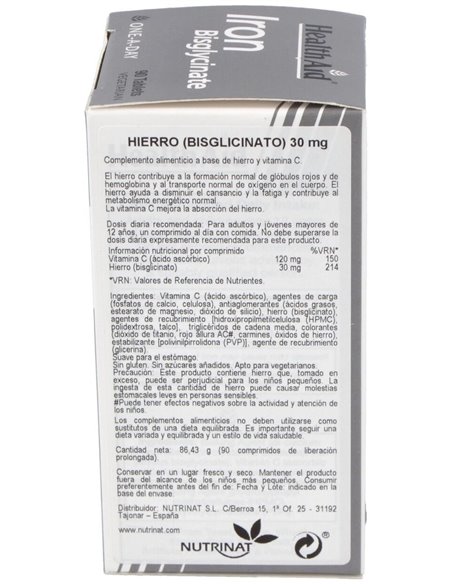 Hierro (Bisglicinato) 30 Mg 90 Comp de Health Aid