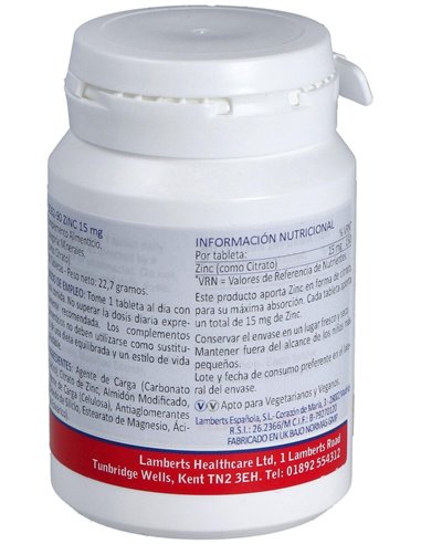 Zinc 15 mg (Como citrato) de Lamberts