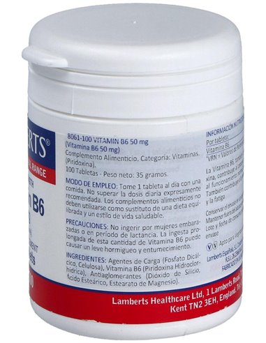Vitamina B6 50 mg (Piridoxina) 100 Tabs. de Lamberts
