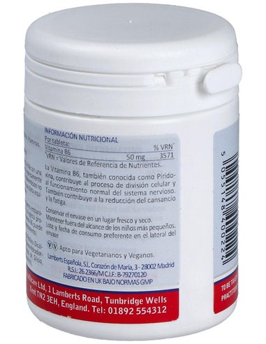Vitamina B6 50 mg (Piridoxina) 100 Tabs. de Lamberts