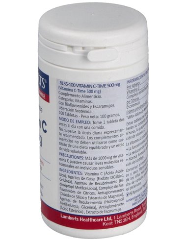 Vitamina C 500 mg + Bioflavonoides Time Release 100 Tabs. de Lamberts