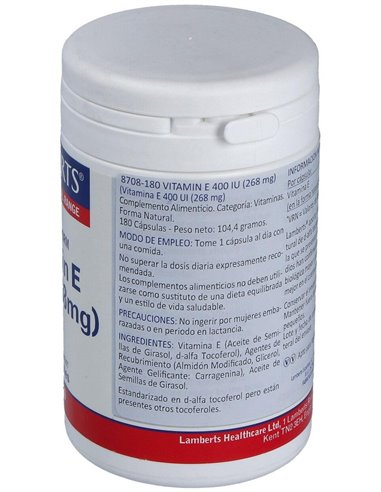 Vitamina E Natural 400 UI 180 Caps. de Lamberts