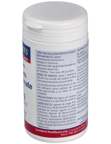 Pantotenato de Calcio 500 mg Lib. Sostenida 60 Tabs. de Lamberts