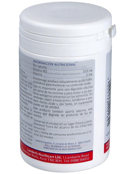 Betaína HCl 324 mg y Pepsina 5 mg 180 Tabs. de Lamberts