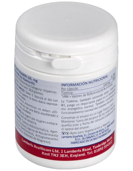 Tiamina 100 mg (Vitamina B1) 90 Caps de Lamberts