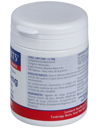 Zinc 15 mg (Como citrato) 180 Tabs. de Lamberts