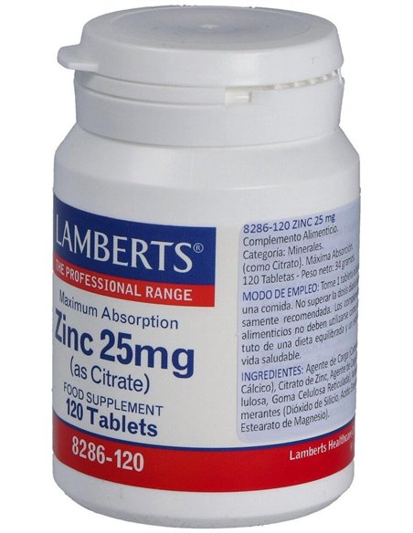 Zinc 25 mg (Como citrato) 120 Tabs. de Lamberts