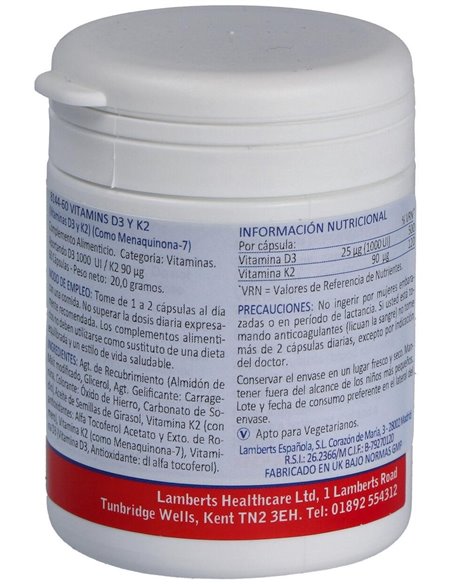 Vitamina D3 (1000 UI) + K2 (como MK-7) (90 µg) 60 Caps. de Lamberts