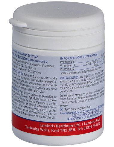 Vitamina D3 (1000 UI) + K2 (como MK-7) (90 µg) de Lamberts