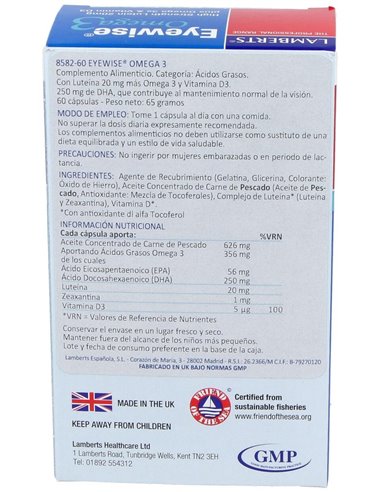 Eyewise® Omega 3 (Luteína, Zeaxantina. Vit D3) de Lamberts