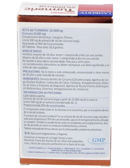 Cúrcuma (Turmeric) 20.000 mg 60  Tabs. de Lamberts