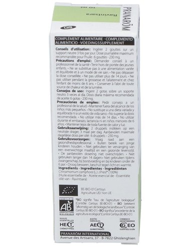 Ravintsara Hoja Aceite Esencial Bio 10Ml. de Pranarom Aceites