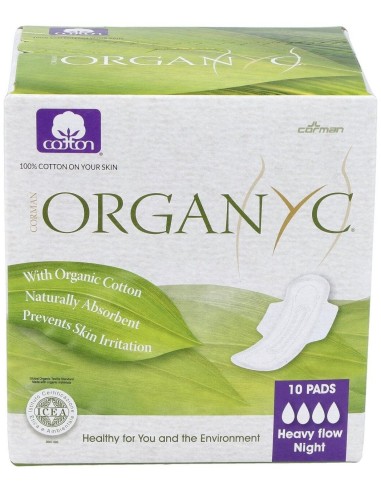 Compresas noche c/alas (bolsa ind) 100% algodón orgánico, 10ud de Organyc