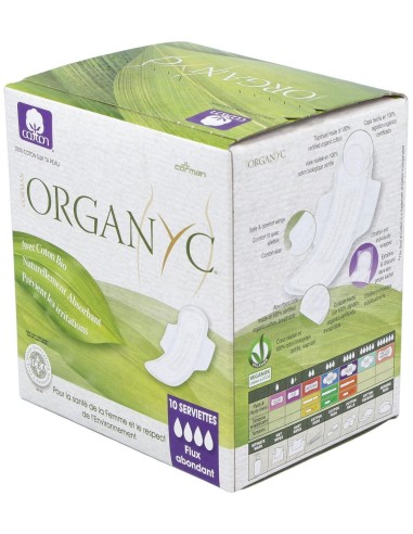 Compresas noche c/alas (bolsa ind) 100% algodón orgánico, 10ud de Organyc