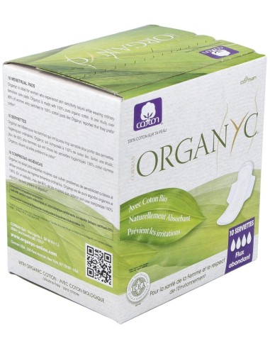 Compresas noche c/alas (bolsa ind) 100% algodón orgánico, 10ud de Organyc