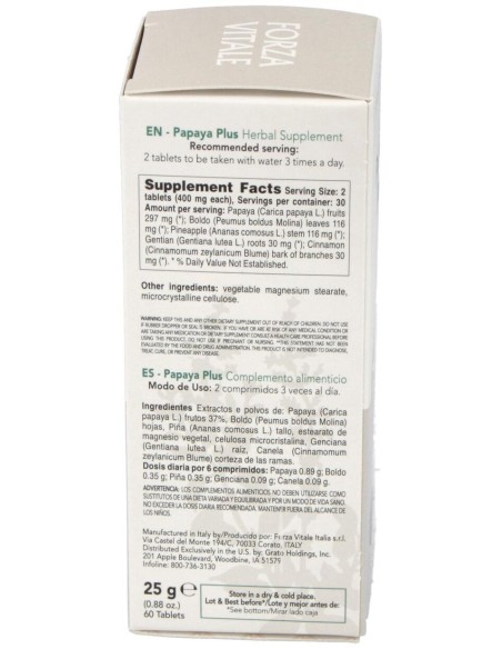 Papaya Plus  25Gr.Comprimidos de Forza Vitale