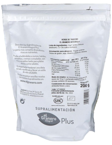 Verde De Trigo Superalimento Bio 200Gr. de El Granero