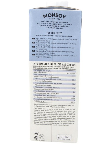 Bebida Vegetal De Almendras 1Lt 6Uds. Bio S/A de Monsoy