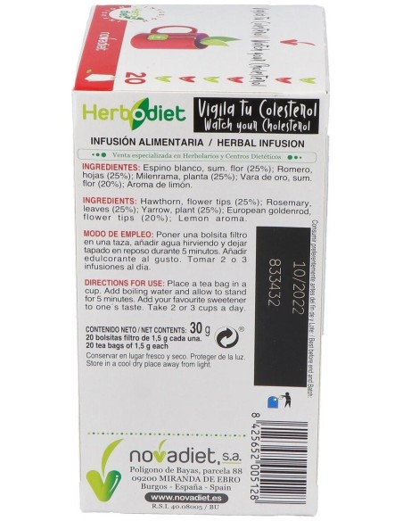 Herbodiet Vigila Tu Colesterol Envase de 20 bolsitas filtro de 1,5 g. de Novadiet