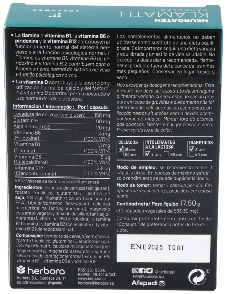 Fosfomen Neuroaten Klamath 30Cap. de Herbora