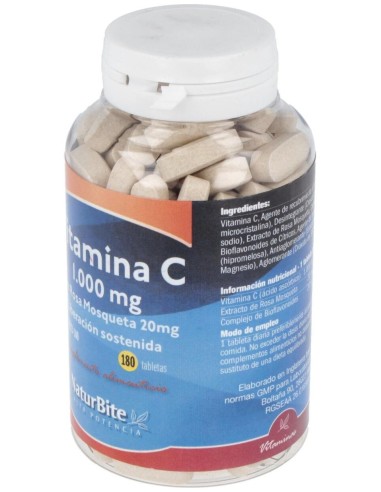 Vitamina C 1000mg+Rosa Mosqueta 20mg+Bioflav.,180 de NaturBite