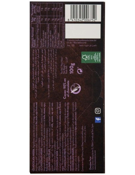 Chocolate Negro 90% Criollo Forastero 100G Bio Sg de Torras