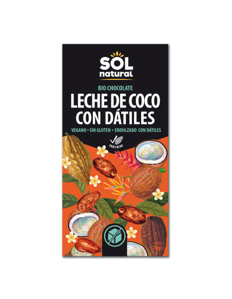 Pack 10 Uds. Tableta Chocolate Con Leche De Coco Y Dátiles Bio 70 g  de Solnatural