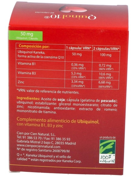Quinol10®-50mg. 90. Caja con 90 cápsulas de 50mg de Ubiquinol (en blíster)